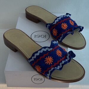 New In Box 1901 Asfaine-Lea Blue Suede Ruffled Sandals/Slides